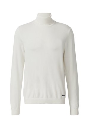 Rollkragenpullover in Cremefarbe aus weichem Material. Verfügt über lange Ärmel, gerippte Bündchen und Saum sowie ein kleines Markenschild am unteren Rand.