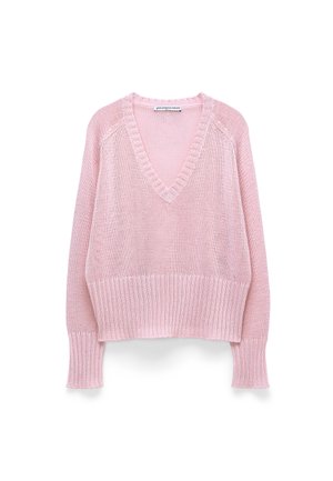 Maglione rosa lavorato a maglia con scollo a V profondo, orlo a coste e maniche lunghe. Presenta una vestibilità ampia e un tessuto strutturato.