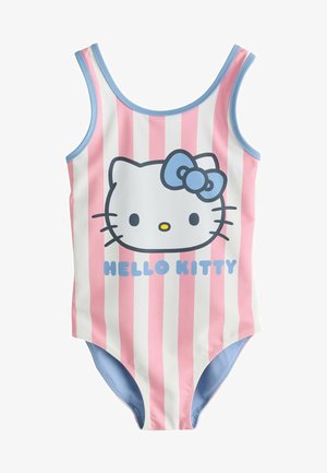 Børns heldragt badedragt med pink og hvide lodrette striber, blå kant, med et Hello Kitty ansigt med en blå sløjfe og tekst nedenunder.