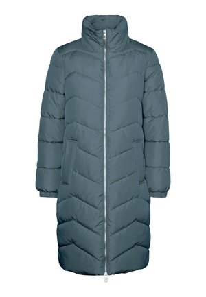 Manteau en duvet long de couleur bleu sarcelle foncé, avec un col montant, une fermeture éclair sur le devant et des poches latérales. Le quilting en chevrons ajoute de la texture et un design visuel.