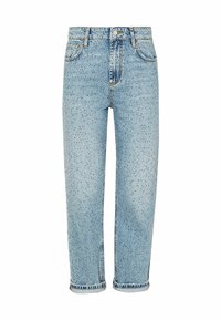 Jeans de mezclilla de color azul claro con un corte holgado, que presentan un patrón moteado, cinco bolsillos y puños. Diseño clásico con trabillas para cinturón.