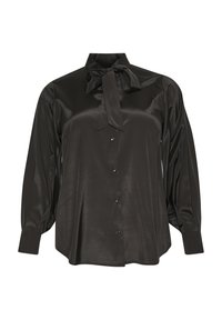 Blusa de satén negro con cuello alto y detalle de lazo, mangas largas abullonadas y cierre frontal con botones a juego. Textura suave.