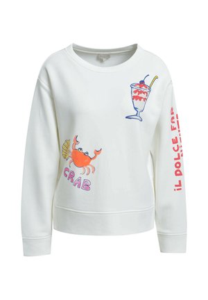 White sweatshirt with a colorful crab illustration and "CRAB" text on the front, a dessert glass graphic near the shoulder, and red text on the sleeve.