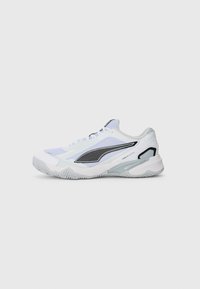 White athletic shoe with black and grey accents, mesh fabric upper, textured sole, and sleek silhouette. Designed for comfort and performance.