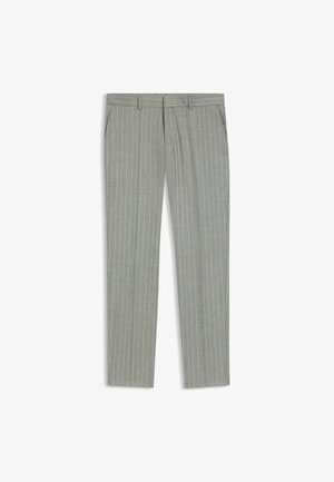 Light gray tailored trousers with vertical white stripes, straight leg design, belt loops, and neatly pressed fabric texture.