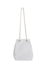 Witte bucket bag met een geruit patroon, zilveren accenten en een lange schouderband. Gemaakt van geweven materiaal, met een trekkoordsluiting.