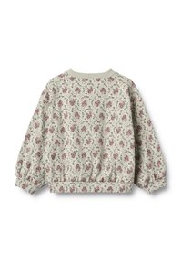 Krēmkrāsas blūze ar garām piedurknēm un ziedu rakstu ar rozā rozēm, ar elastīgām aprocēm un jostasvietu, redzama no aizmugures uz baltas fona.