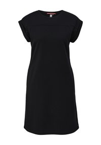 Musta puuvillamekko pyöreällä pääntiellä, lyhyillä käärityillä hihoilla ja rentoa istuvuutta. Sileä pinta ja yksinkertainen muotoilu ilman kuvioita.