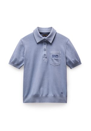 Short-sleeve polo shirt in light blue cotton with a ribbed collar, three-button placket, and embroidered logo on the chest pocket.