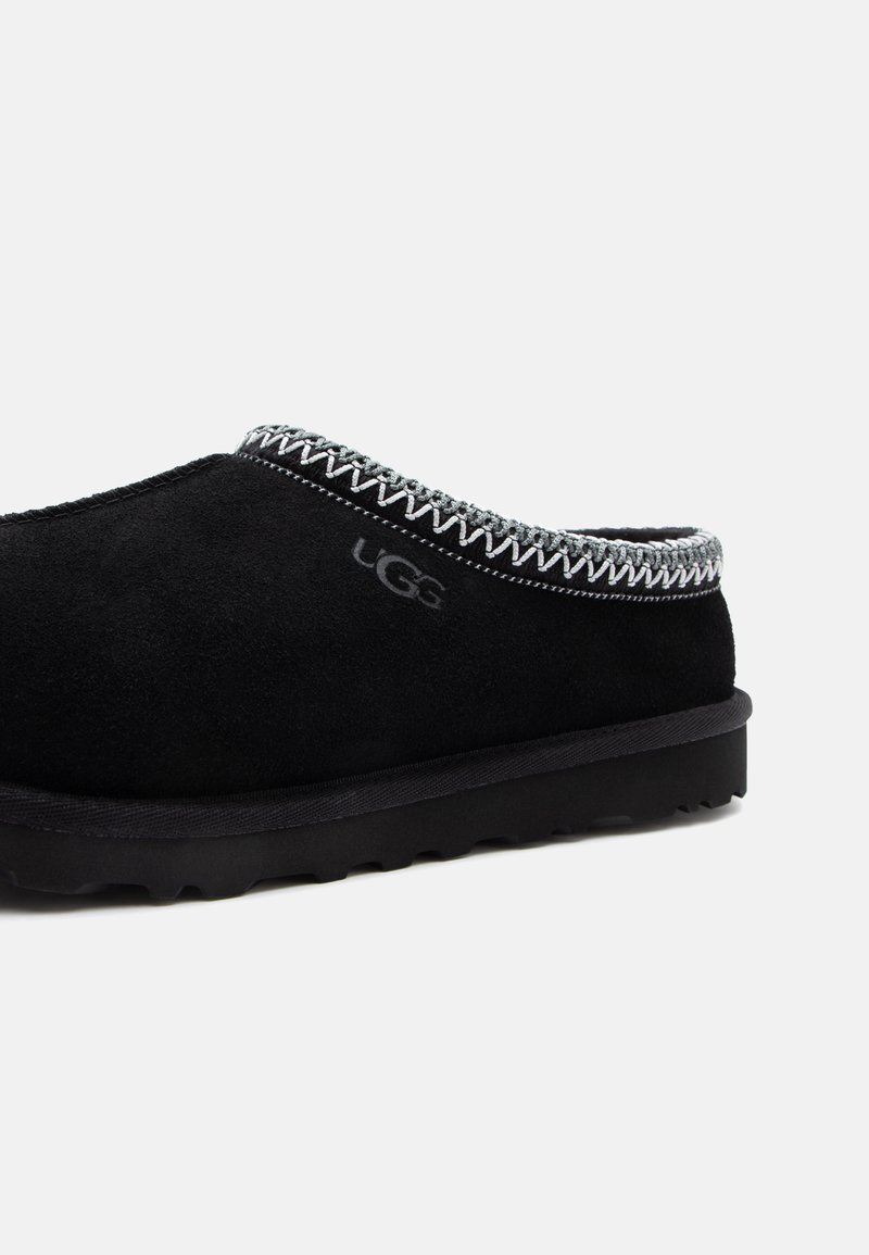 Sorte ruskinds slip-on sko med et tekstureret design, hvid søm langs kraven og en sort gummisål. UGG-logoet er synligt.
