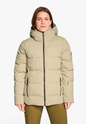 Beige Steppjacke mit hohem Kragen und Reißverschluss. Mit Reißverschlusstaschen an den Seiten und einem strukturierten gesteppten Design.