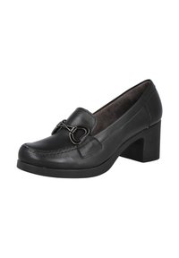 Mocasín de mujer de cuero negro con tacón bajo y detalle de estribo metálico en la parte frontal, vista en ángulo sobre fondo blanco.