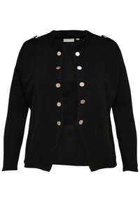 Czarny kardigan z okrągłym dekoltem, złotymi zapięciami na guziki i akcentami na ramionach. Wykonany z miękkiego materiału o dopasowanym kroju.