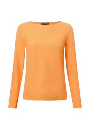 Orange long-sleeve knit top with a round neckline and a textured fabric. Simple design and relaxed fit. No embellishments or patterns.