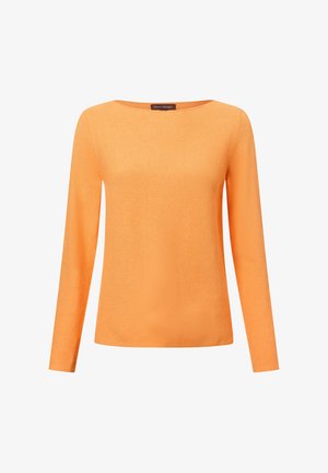 Oranges Langarm-Strickoberteil mit Rundhalsausschnitt und einem strukturierten Stoff. Schlichtes Design und lockere Passform. Keine Verzierungen oder Muster.