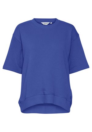 Kék, oversize pamut keverék pulóver, amely kerek nyakkivágással, rövid ujjakkal és enyhén ívelt hemmel rendelkezik, minimalista varrási részletekkel.