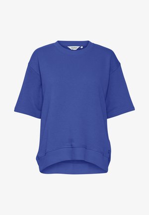 Blauwe oversized sweatshirt van een katoenmix, met een ronde hals, korte mouwen en een iets gebogen zoom met minimale stikseldetails.