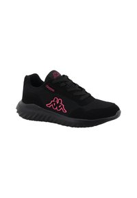 Black athletic shoe featuring a mesh upper, textured fabric accents, pink logo detailing, and a flexible black sole.