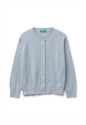 Cardigan a bottoni di colore azzurro chiaro, lavorato a maglia, con maniche lunghe, polsini e orlo a costine, e scollatura rotonda.