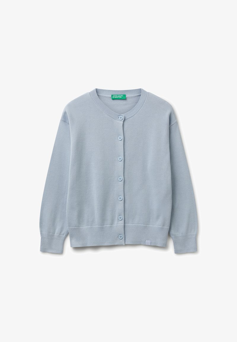 Himmelblau gestrickte Knopfleiste mit langen Ärmeln, gerippten Bündchen und Saum sowie rundem Ausschnitt.