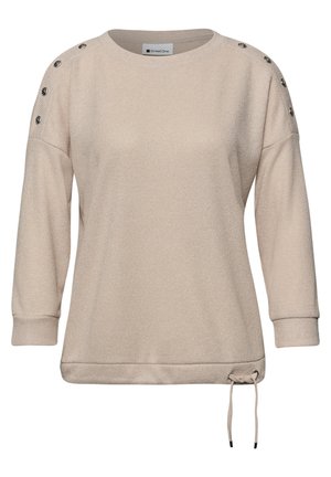 Pull beige à manches longues avec détails de boutons sur les épaules et cordon de serrage ajustable à l'ourlet inférieur.