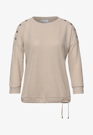 Beżowy sweter z długim rękawem, z guzikami na ramionach i regulowanym ściągaczem u dołu.