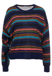 Striped sweater in navy with orange, pink, green, and blue stripes. Loose fit, round neckline, and ribbed cuffs with a textured knit.