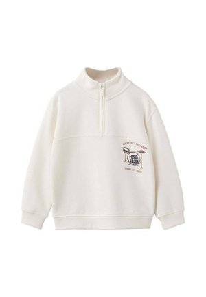 Sweat-shirt blanc cassé à manches longues avec zip quart, poignets et ourlet côtelés, comportant un petit graphisme de batterie et du texte sur le côté gauche de la poitrine.