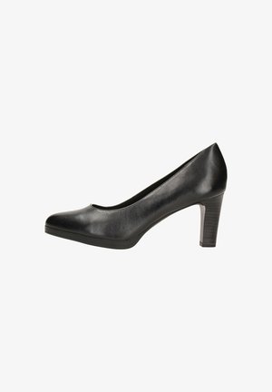 Zapato de tacón alto de piel negra con punta redonda, textura suave y un tacón cuadrado de 3 pulgadas con surcos verticales.