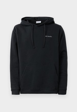 Zwarte hoodie van een katoenmix. Heeft een voorzak in kangoeroestijl, trekkoorden bij de capuchon en een klein logo op de borst.