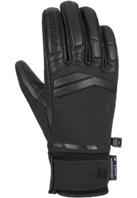 Schwarze Handschuhe mit einem Lederoberteil und weichem Shell-Material. Das Design umfasst gepolsterte Einsätze und einen sicheren Handgelenkgurt. Verstärkter Nähten-Details.