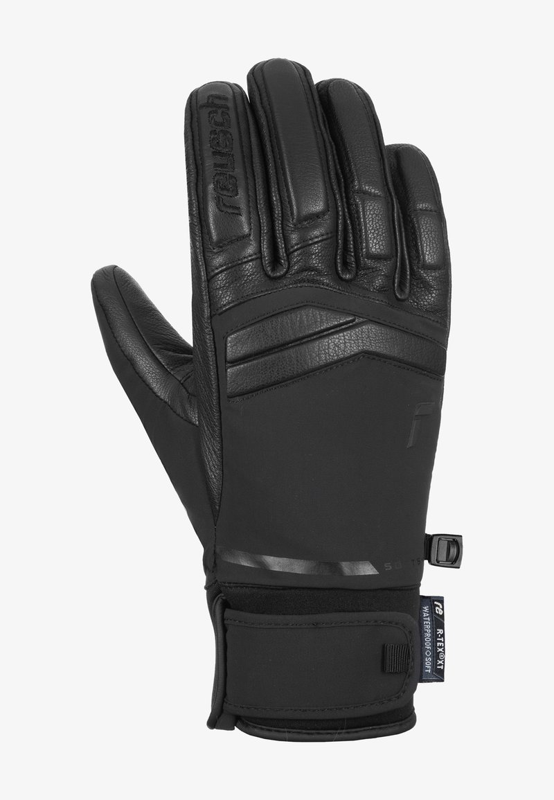 Schwarze Handschuhe mit einem Lederoberteil und weichem Shell-Material. Das Design umfasst gepolsterte Einsätze und einen sicheren Handgelenkgurt. Verstärkter Nähten-Details.