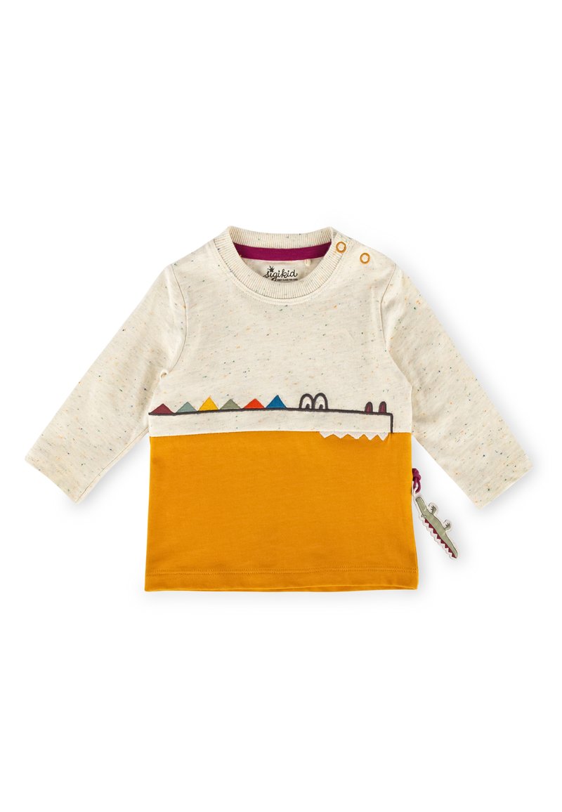 Langärmliges Hemd in Creme und Senfgelb, mit bunten, dreieckigen Akzenten auf der Brust und einem dekorativen Reißverschlussdetail.