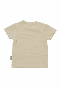 Lyhythihainen beige t-paita, joka on valmistettu puuvillasta, ja siinä on pyöreä kaula-aukko sekä merkki vasemmalla puolella. Sileä rakenne ja minimalistinen muotoilu.