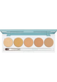 Concealer palette featuring five circular pans in varying shades of beige and brown, housed in a white case with a turquoise lid and a brush.