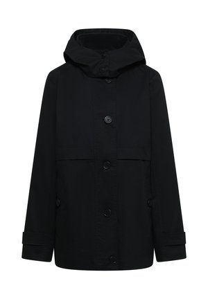 Czarny płaszcz z kapturem, zapinany z przodu na guziki, z długimi rękawami, regulowanymi mankietami i bocznymi kieszeniami.