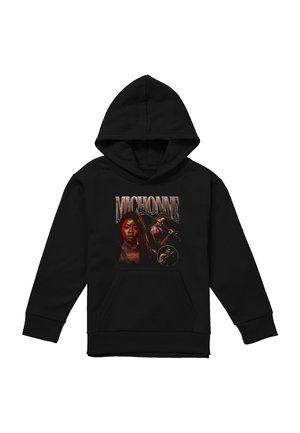 Black hoodie with front graphic featuring three images of a woman with dreadlocks and text "Michonne" in large stylized letters.