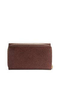 Ciemnobrązowy skórzany portfel z zamkiem błyskawicznym, prostokątny kształt i widoczne szycie wzdłuż krawędzi.