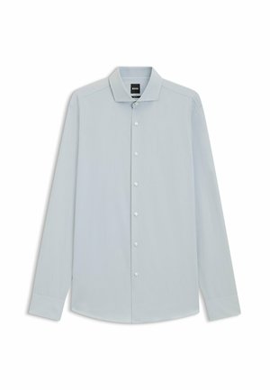 Camicia da uomo a maniche lunghe di colore azzurro chiaro con colletto button-down, caratterizzata da una trama liscia e una chiusura frontale classica con bottoni.