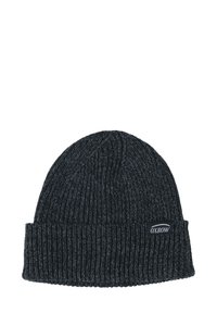 Bonnet en tricot gris foncé avec une texture côtelée épaisse. Il possède un revers repliable et une étiquette avec le logo Oxbow sur le côté.