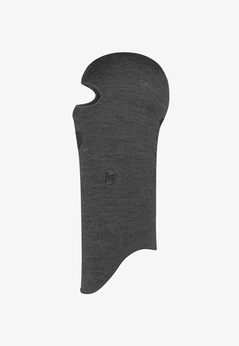 Gray balaclava made of soft, stretchable fabric. Features an opening for the face and seamless edges for comfort. Buff logo visible.