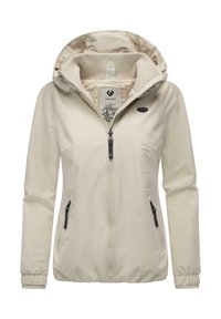 Jasno beżowa kurtka z kapturem, zapinana na zamek z przodu, z elastycznymi mankietami i dwoma bocznymi kieszeniami. Posiada wzorowaną podszewkę i akcenty logo.