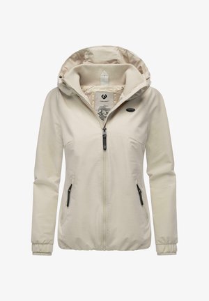 Hellbeige Jacke mit Kapuze, Reißverschluss vorne, elastischen Bündchen und zwei Seitentaschen. Sie verfügt über ein gemustertes Innenfutter und Logoakzente.