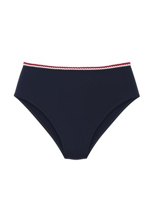 Marineblauer Bikiniunterteil mit einem hoch taillierten Design, versehen mit einem rot-weiß geflochtenen Rand entlang der Oberkante. Glatte Textur.
