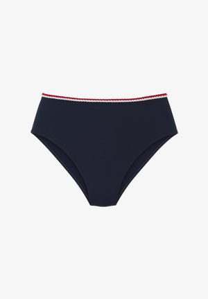 Navy blue bikini bottom with a high-waisted design, featuring a red and white braided trim along the top edge. Smooth texture.