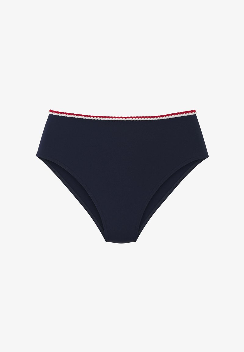 Marineblauer Bikiniunterteil mit einem hoch taillierten Design, versehen mit einem rot-weiß geflochtenen Rand entlang der Oberkante. Glatte Textur.