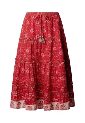 Falda midi roja con volantes y estampados florales y geométricos blancos, cintura elástica y lazo frontal con borlas.