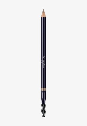 Crayon à sourcils brun foncé à double embout avec une pointe taillable d'un côté et une brosse goupillon à l'autre extrémité, de la marque "Dr. Hauschka".
