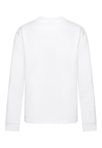 Langärmliges, weißes T-Shirt aus Baumwolle, mit einem runden Halsausschnitt und normaler Passform. Die Rückseite ist schlicht und hat keine Designs oder Akzente.