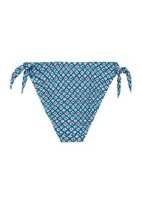Tamsiai mėlyna bikini dalis su geometriniu raštu, sudarančiu deimantus ir žvaigždes rožinėje ir baltos spalvos. Yra reguliuojamos raišteliai abiejose pusėse.